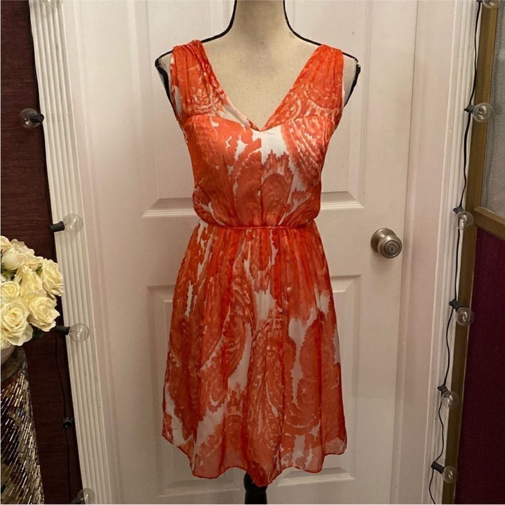 Milly Orange and White Sleeveless Midi silk  Dress, US0